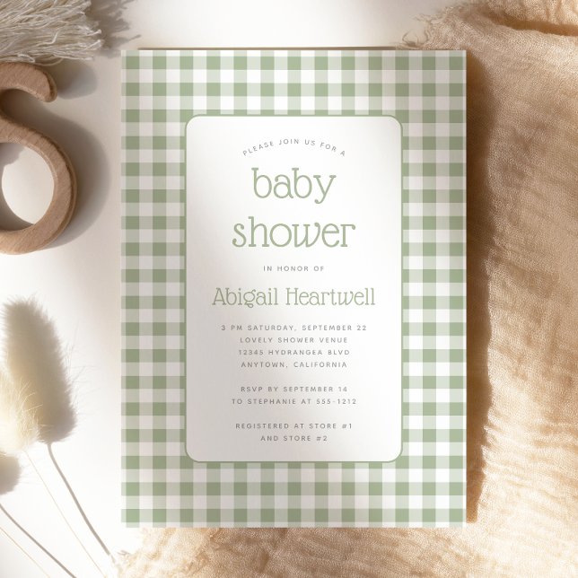 Sagegrön Gingham-rutig Baby Shower-inbjudan Inbjudningar (Skapare uppladdad)