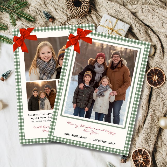 Sagegrön Gingham-rutig Julkort med Flera Bilder (Family photo Christmas holiday card with gingham plaid background and red corner bow)