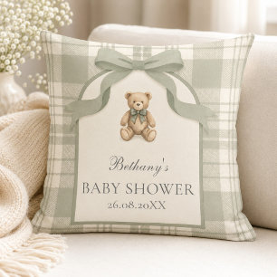 Sagegrön Gingham Teddybjörn Baby Shower Kudde