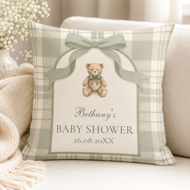 Sagegrön Gingham Teddybjörn Baby Shower Kudde (Sage Green Gingham Teddy Bear Throw Pillow)