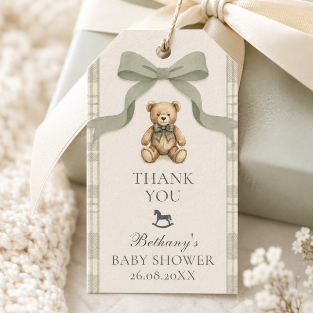 Sagegrön Gingham Teddybjörn Baby Shower Presentetikett (Sage Green Gingham Teddy Bear Gift Tag)