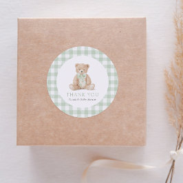 Sagegrön Gingham Teddybjörn Baby Shower Runt Klistermärke