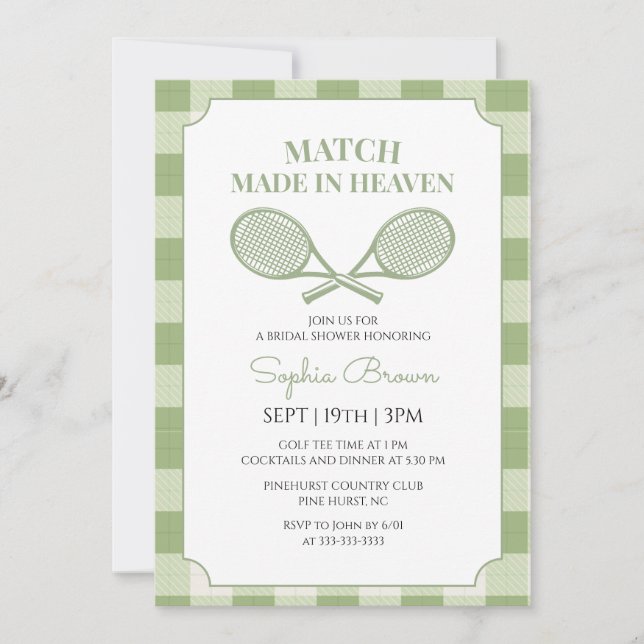 Sagegrön Gingham Tennis Bröllopsdusch Inbjudningar (Framsida)