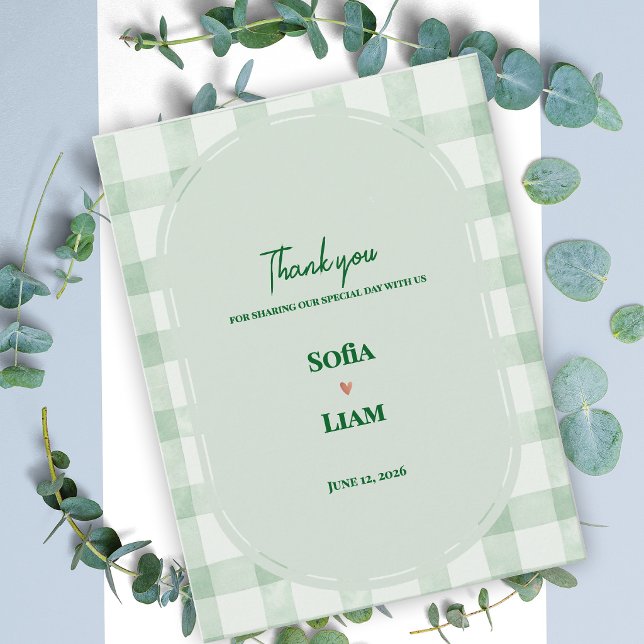 Sagegrön Gingham Trädgårdsfest Bröllop Tack Vykort (Sage Green Gingham Wedding Thank You Card | Garden Party Thank You Note)