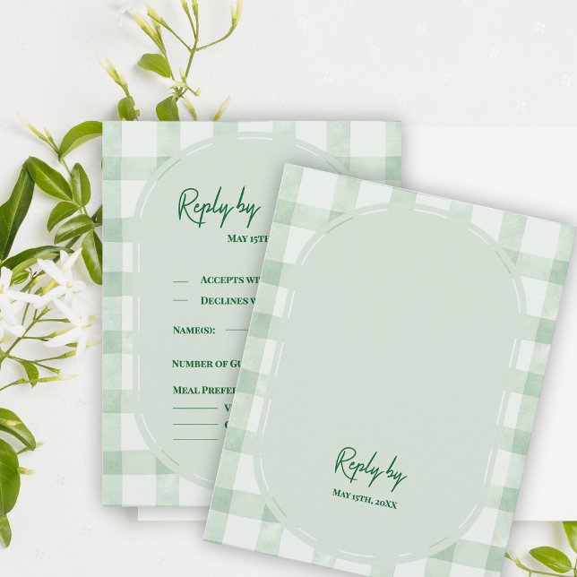 Sagegrön Gingham Trädgårdsfest Bröllopsbekräftelse OSA Kort (Sage Green Gingham RSVP Card | Garden Party Wedding Response Card)