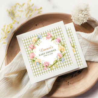 Sagegrön Gingham Watercolor Blommig Bebis Shower Pappersservett