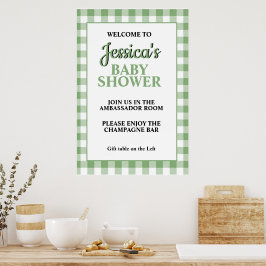 Sagegrön Ginghamrutig Baby Shower-Välkomstskylt Poster