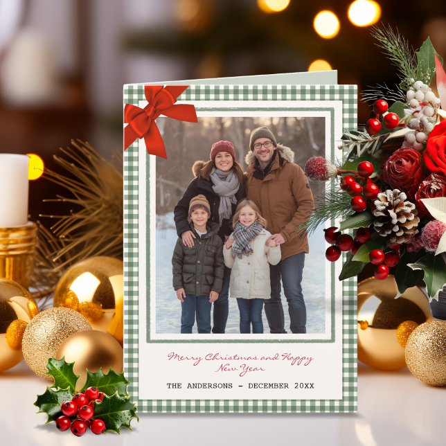 Sagegrön Ginghamrutig Julfotokort Helgkort (Sage Green gingham photo Christmas holiday greeting card with corner bow)