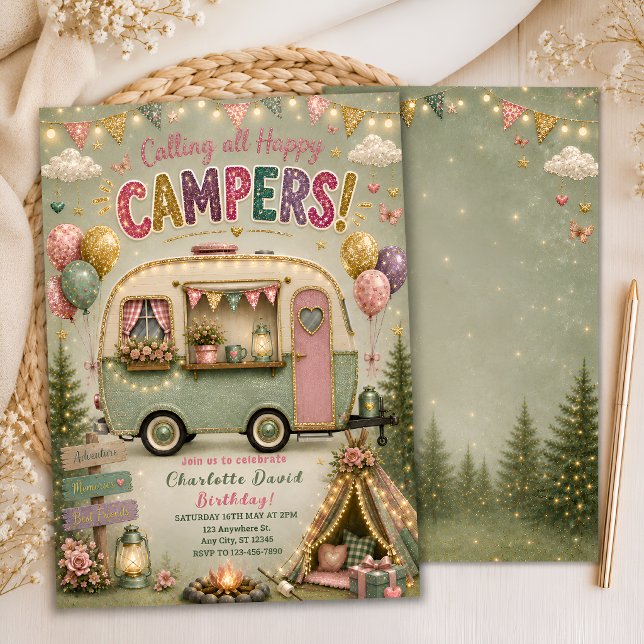 Sagegrön Glamping-fest-inbjudan för tjejer Inbjudningar (Skapare uppladdad)