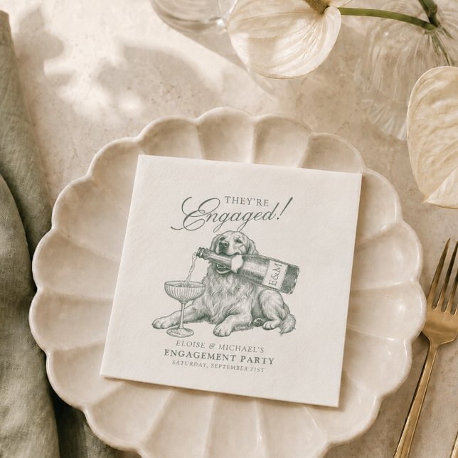 Sagegrön Golden Retriever Champagne Förlovning Pappersservett (Sage Green Golden Retriever Champagne Engagement Napkins)