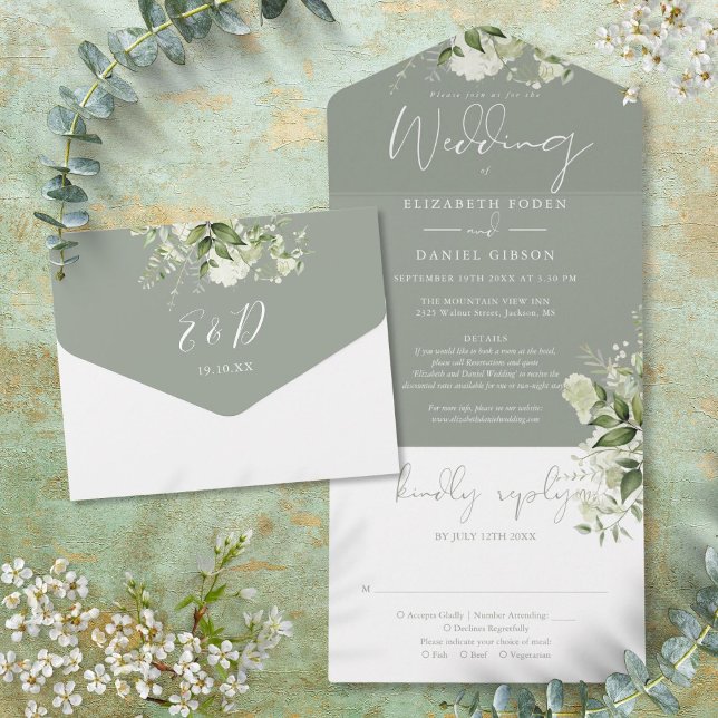 Sagegrön grönska blomsterdetaljer RSVP Bröllop (Sage Green Greenery Floral Details RSVP Wedding All In One Invitation)
