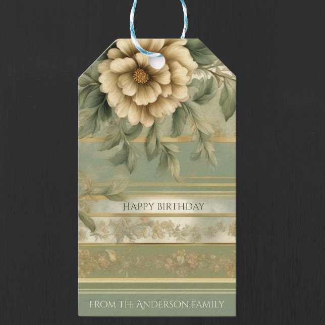 Sagegrön gul blomdecoupage presentetikett (Skapare uppladdad)