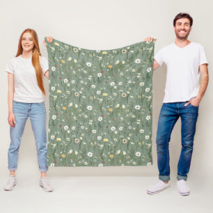 Sagegrön gul vit boho vildblommor blomster fleecefilt