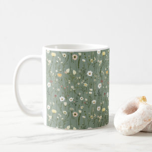 Sagegrön gul vit boho vildblommor blomster kaffemugg