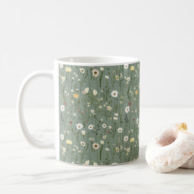 Sagegrön gul vit boho vildblommor blomster kaffemugg (Med munk)