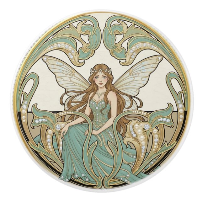 Sagegrön & guld Art Deco Nouveau Knopp (Framsidan)