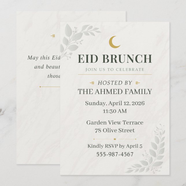 Sagegrön & Guld Botanisk Sage Eid Brunch Måne Inbjudningar (Fram/baksida)