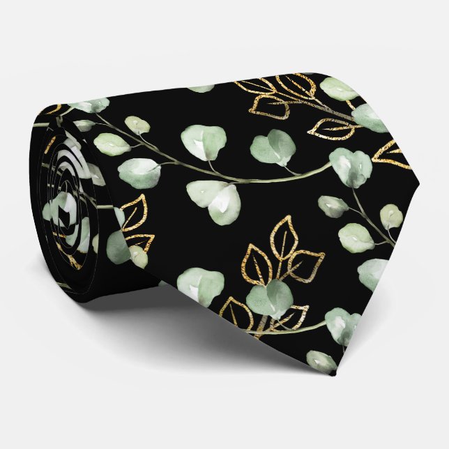 Sagegrön & guld Eukalyptus Elegant svart bröllop Slips (Rullad)