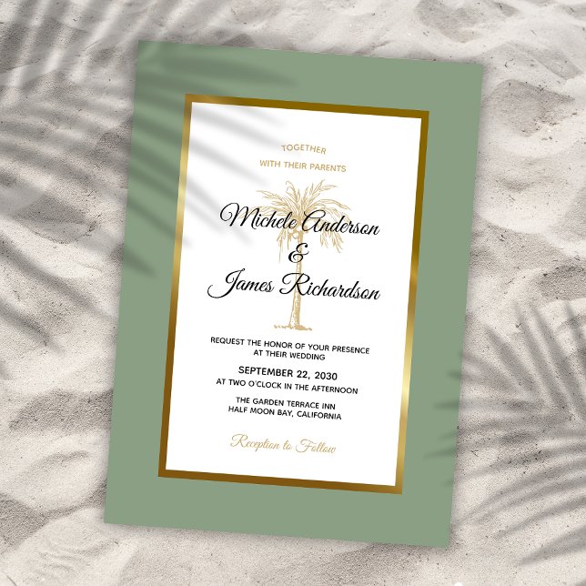 Sagegrön guld palmer tropisk strandbröllop inbjudningar (Sage Green Gold Palm Tree Tropical Beach Wedding Invitation)