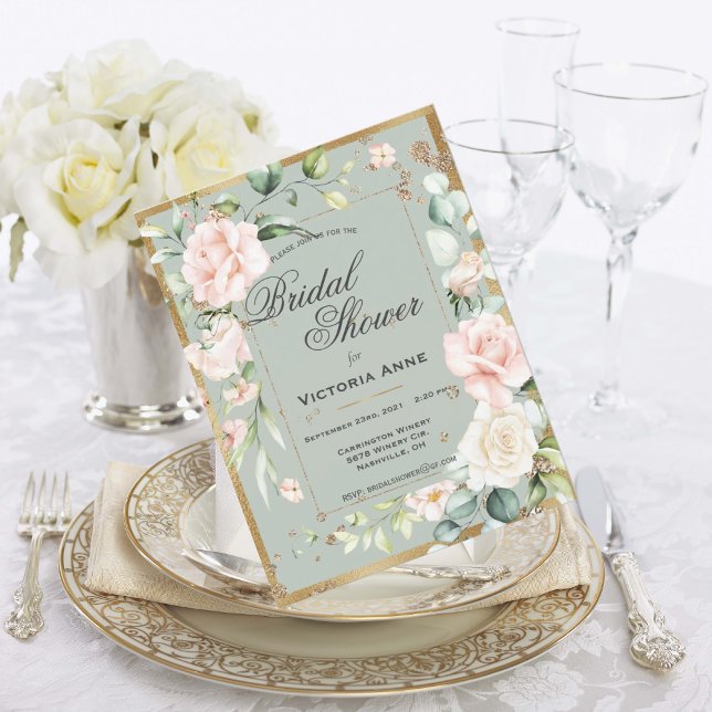 Sagegrön guld vattenfärg Blommig bröllopsfest In Vykort (Skapare uppladdad)