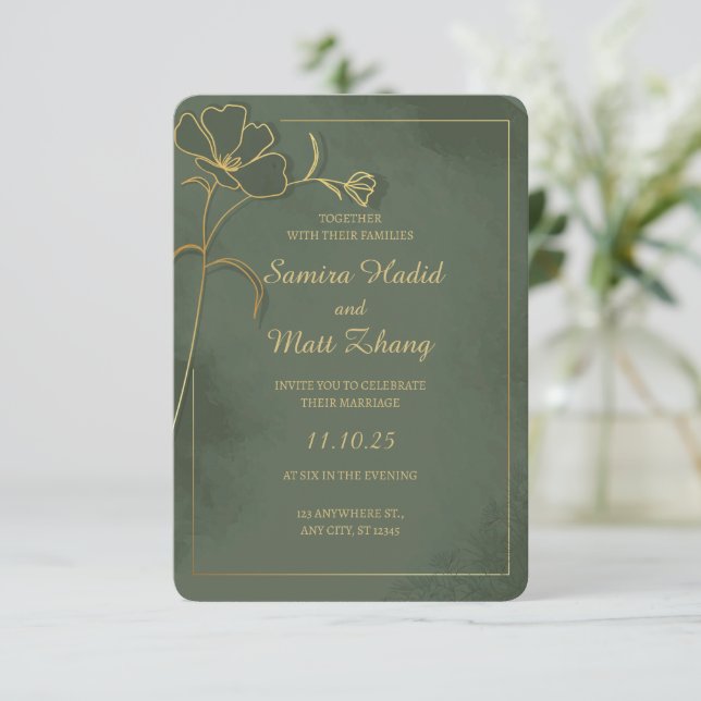 Sagegrön guldblommig elegant bröllopsinbjudan (Stående Fram)