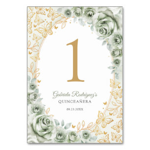 Sagegrön guldblommig Quinceanera Bordsnummer