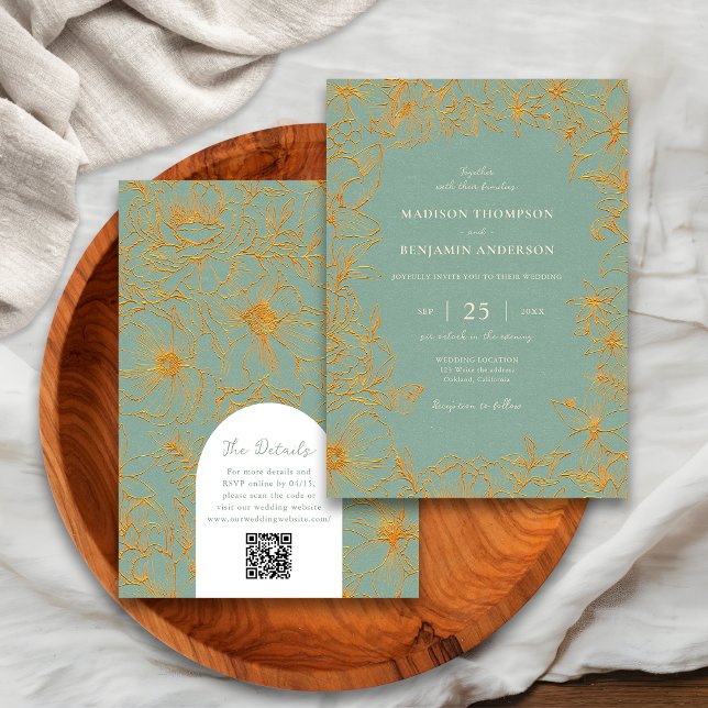 Sagegrön guldblommig valv RSVP QR-kod bröllop Inbjudningar (Skapare uppladdad)