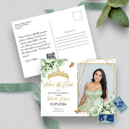 Sagegrön & guldtiara Quinceañera fotokort Vykort