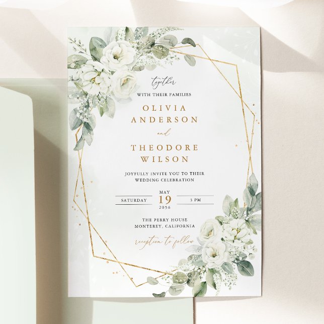 Sagegrön guldvit blomsterbröllop inbjudningar (Sage Green Gold White Floral Wedding Invitation, Eucalyptus Geometric Wedding Stationery)