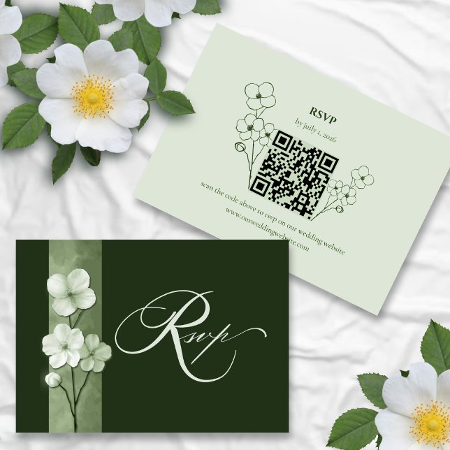 Sagegrön Handritad Blommig QR-kod RSVP OSA Kort (Skapare uppladdad)