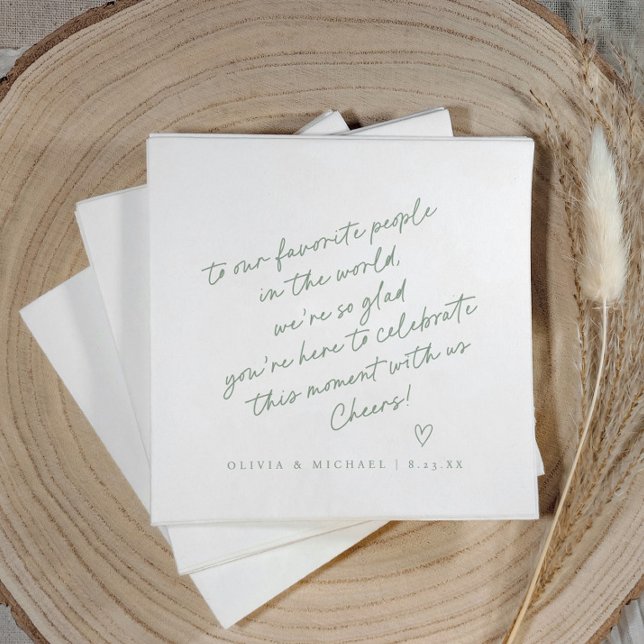 Sagegrön handskriven kärleksnotis stil bröllop pappersservett (Sage green love note wedding napkin with handwritten note, heart, and modern script design.)