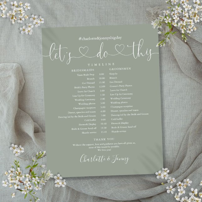 Sagegrön hjärtformad bröllopsschema-tidslinje med  (Sage Green Heart Script Wedding Schedule Timeline)
