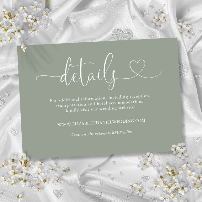 Sagegrön hjärtskrift Bröllopsdetaljer Tilläggskort (Sage Green Heart Script Wedding Details Enclosure Card)