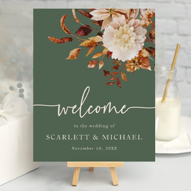 Sagegrön höst-välkomstaffisch poster (Elegant Sage Green Autumn Floral Welcome Sign Poster by Painted Paperie
)