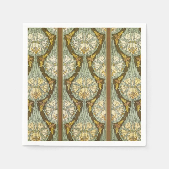 Sagegrön jugendstil lilja insektsmönster pappersservett (Framsidan)