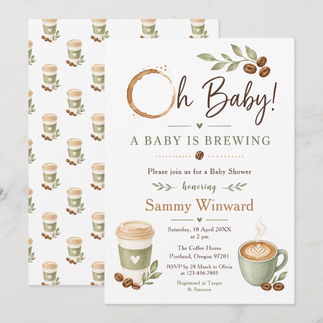 Sagegrön Kaffe Baby Shower Inbjudningar (Fram/baksida)