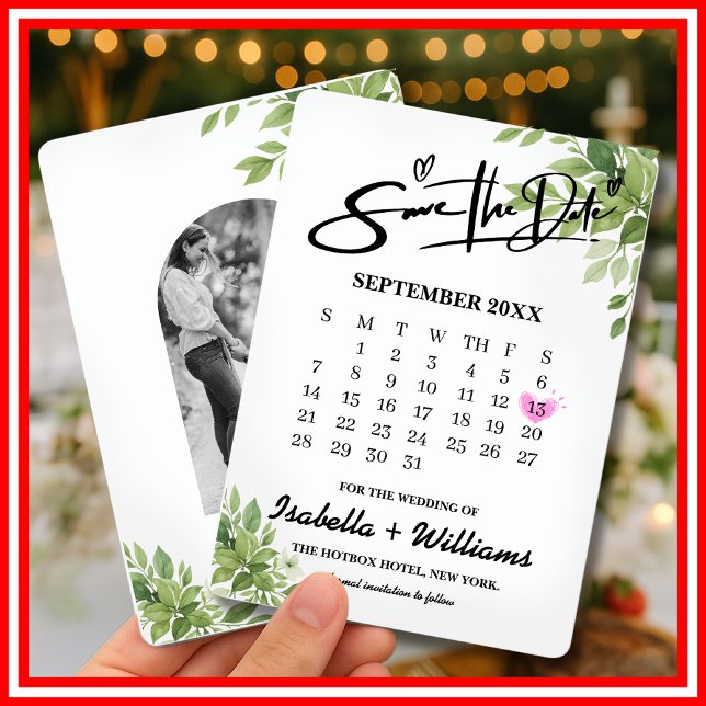 Sagegrön kalender med hjärta bröllop  spara datumet (Skapare uppladdad)