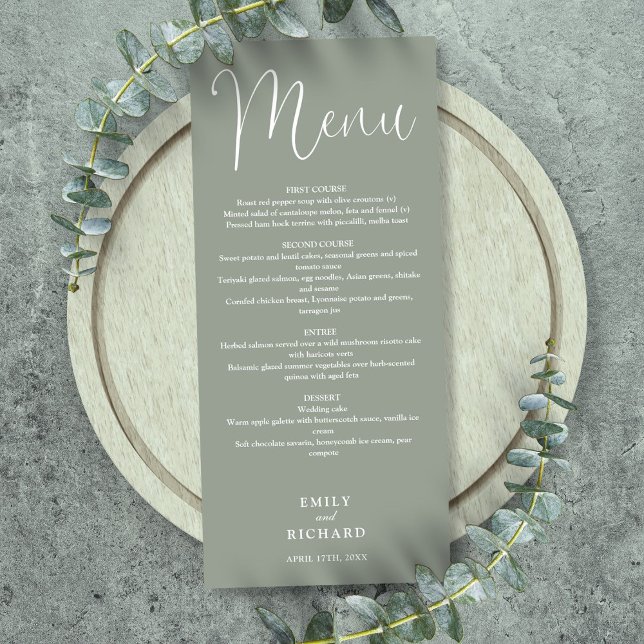 Sagegrön kalligrafiskritbröllop meny (Sage Green Calligraphy Script Wedding Menu)