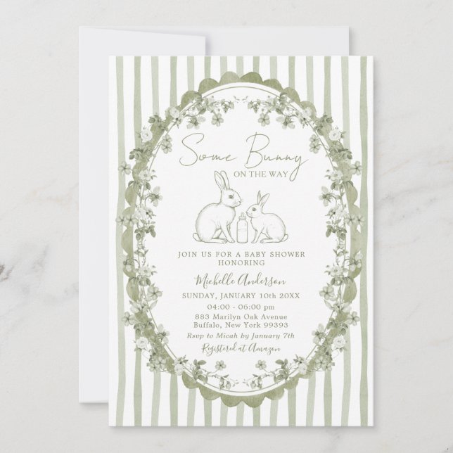 Sagegrön kanin Babyshower-inbjudan Inbjudningar (Framsida)