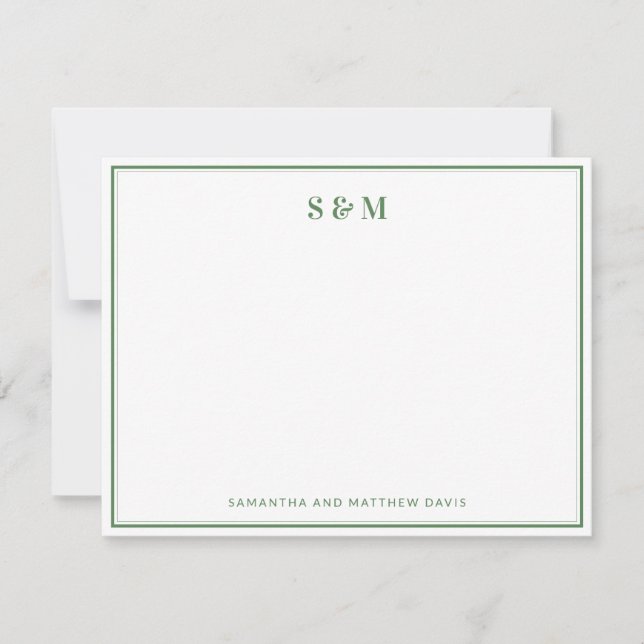 Sagegrön kant Elegant Klassisk Monogram Anteckningskort (Framsida)