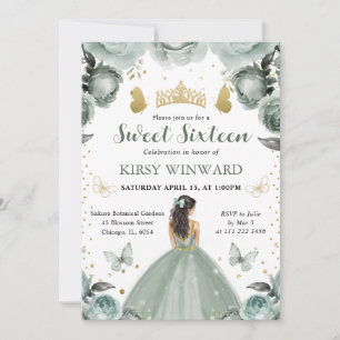 Sagegrön klänning brunett prinsessa Sweet 16 Inbjudningar