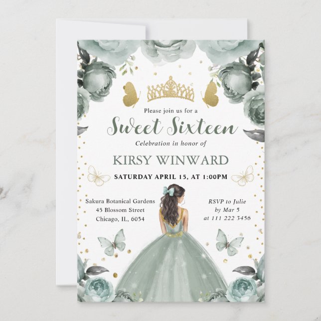 Sagegrön klänning brunett prinsessa Sweet 16 Inbjudningar (Framsida)
