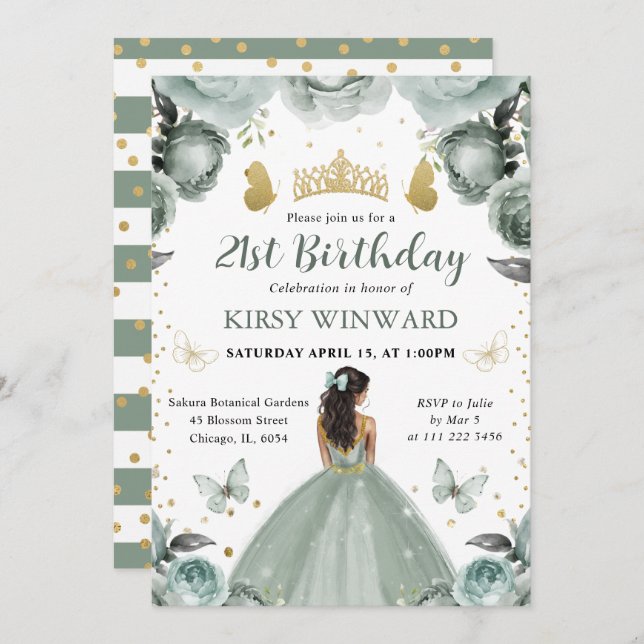 Sagegrön klänning Mörkhyllt prinsessebirthday Inbjudningar (Fram/baksida)