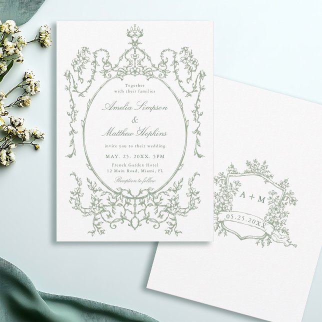 Sagegrön klassisk blommig ram Bröllop            Inbjudningar (Front & Back)