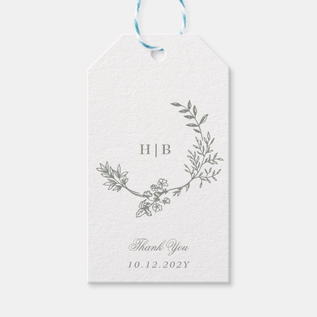 Sagegrön klassisk blomsterkransmonogram-högtid presentetikett (Framsidan)