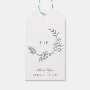 Sagegrön klassisk kransmonogram fotobryllop presentetikett