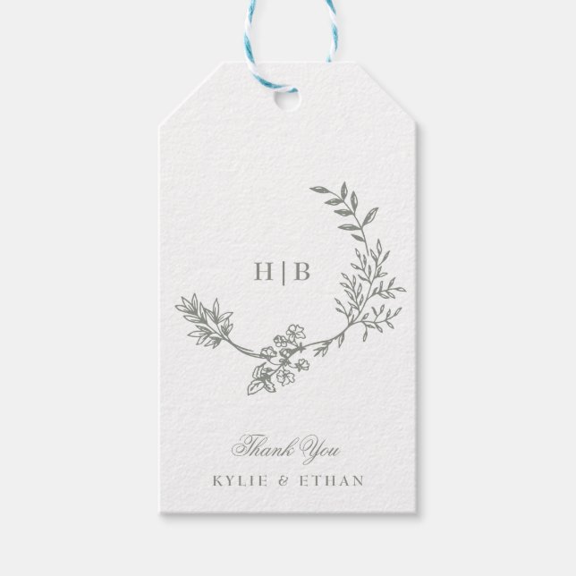 Sagegrön klassisk kransmonogram fotobryllop presentetikett (Framsidan)