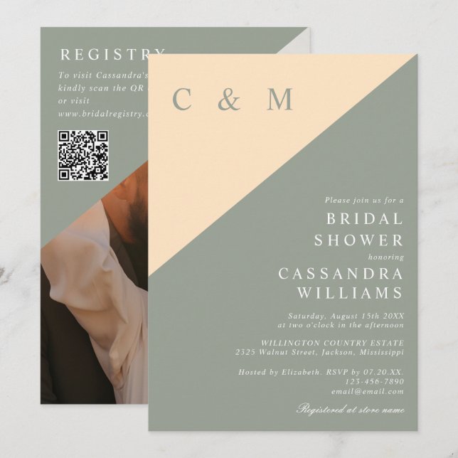 Sagegrön krämfärgad foto QR-kod Bröllosdusch Inbjudningar (Fram/baksida)