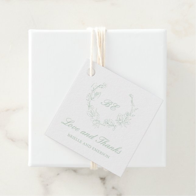Sagegrön kransmonogram Elegant bröllop Gåvor Etiketter (På plats)