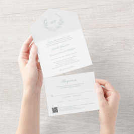 Sagegrön kransmonogram QR-kod Elegant bröllop